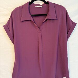 Women's Short Sleeve Chiffon Collared V Neck Blouse